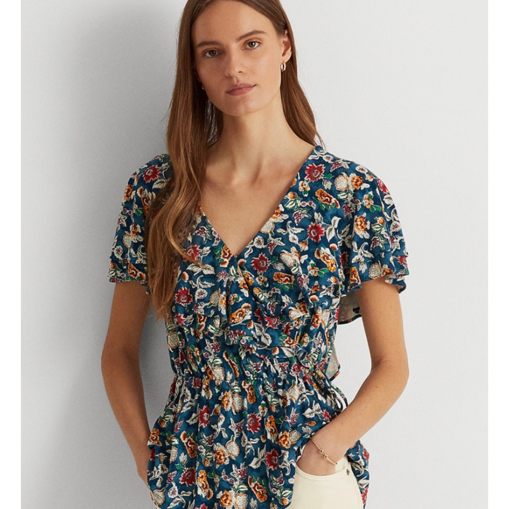Lauren Ralph Lauren floral jersey surplice top with flutter sleeves